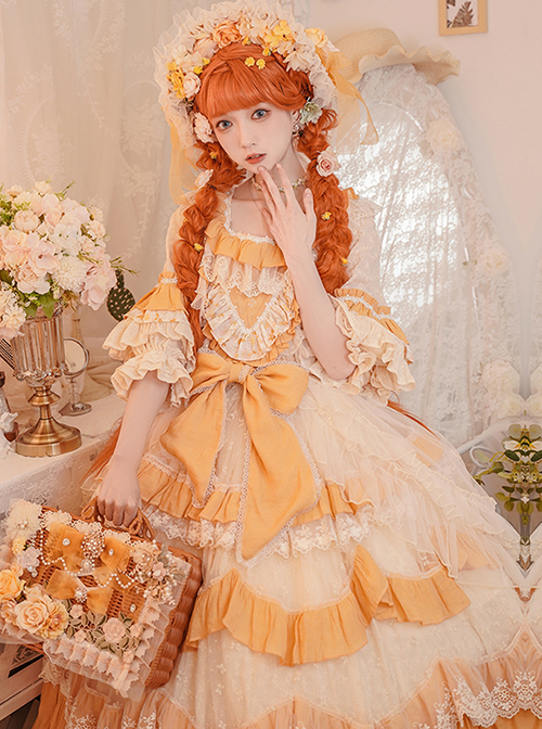 Flower Garden Series OP Apricot Yellow Pastoral Retro Girl Style Delicate Lace Jacquard Trim Classic Lolita Short Sleeve Dress