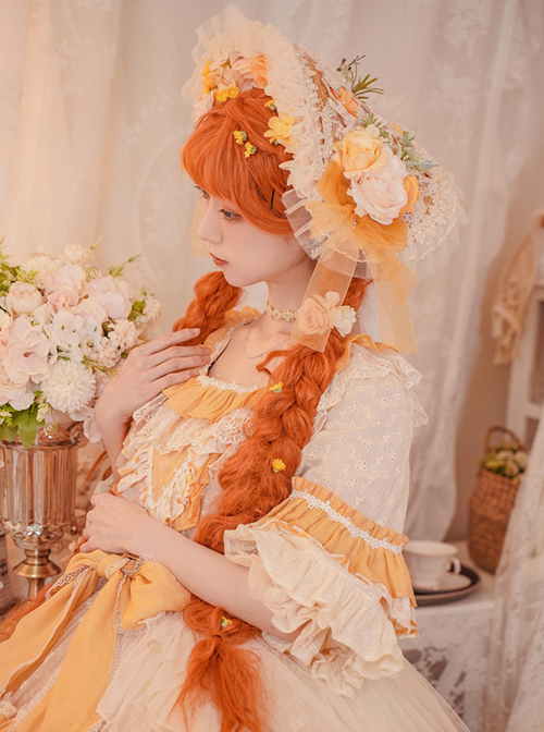 Flower Garden Series OP Apricot Yellow Pastoral Retro Girl Style Delicate Lace Jacquard Trim Classic Lolita Short Sleeve Dress