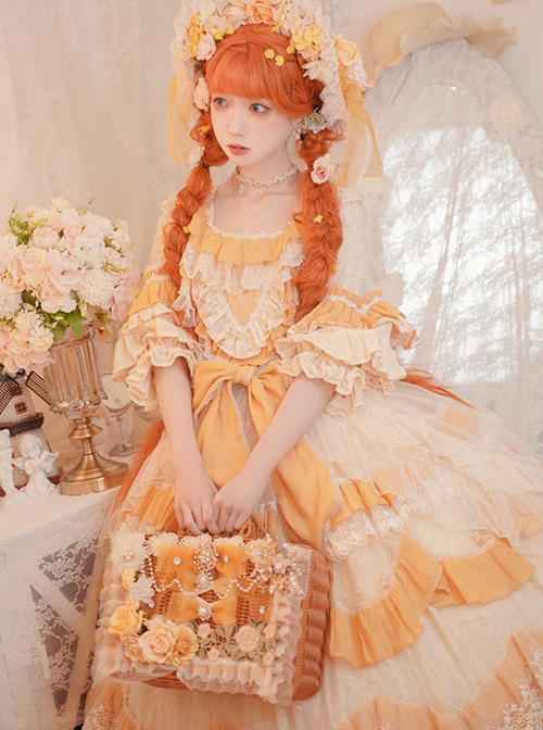 Flower Garden Series OP Apricot Yellow Pastoral Retro Girl Style Delicate Lace Jacquard Trim Classic Lolita Short Sleeve Dress