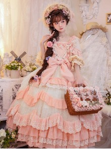 Flower Garden Series OP Pink Pastoral Retro Girl Style Delicate Lace Jacquard Trim Bow Knot Classic Lolita Short Sleeve Dress