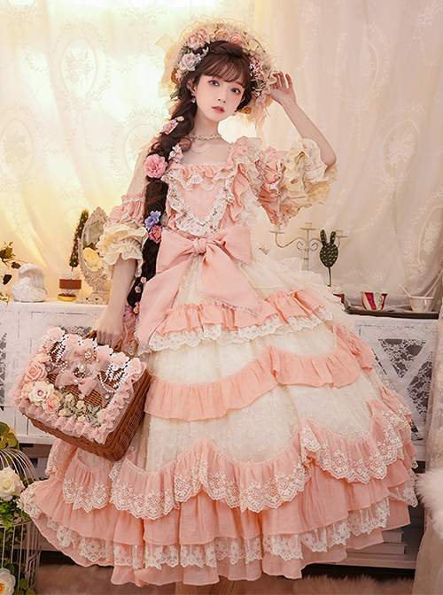 Flower Garden Series OP Pink Pastoral Retro Girl Style Delicate Lace Jacquard Trim Bow Knot Classic Lolita Short Sleeve Dress