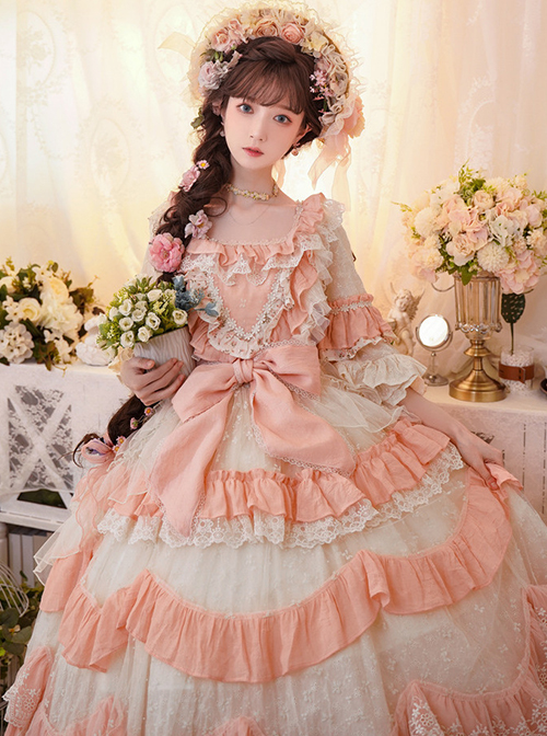 Flower Garden Series OP Pink Pastoral Retro Girl Style Delicate Lace Jacquard Trim Bow Knot Classic Lolita Short Sleeve Dress