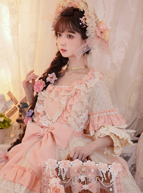 Flower Garden Series OP Pink Pastoral Retro Girl Style Delicate Lace Jacquard Trim Bow Knot Classic Lolita Short Sleeve Dress