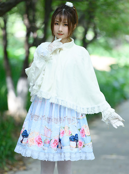 Soft Cute Milk-White Pleated Lace Hem Women Classic Lolita Shawl