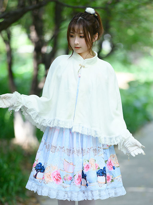 Soft Cute Milk-White Pleated Lace Hem Women Classic Lolita Shawl