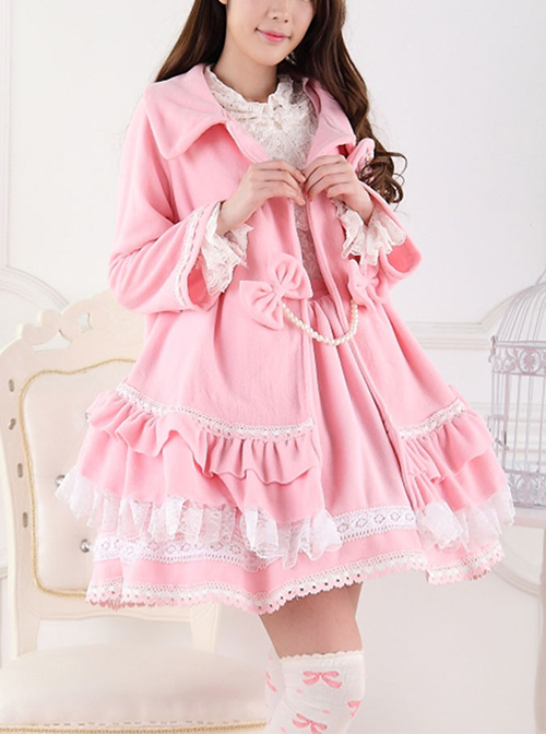 Pink Sweet Princess Short Pile Fabric Pleated Lace Trim Doll Neckline Bow Knots Decoration Classic Lolita Coat