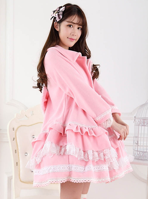 Pink Sweet Princess Short Pile Fabric Pleated Lace Trim Doll Neckline Bow Knots Decoration Classic Lolita Coat