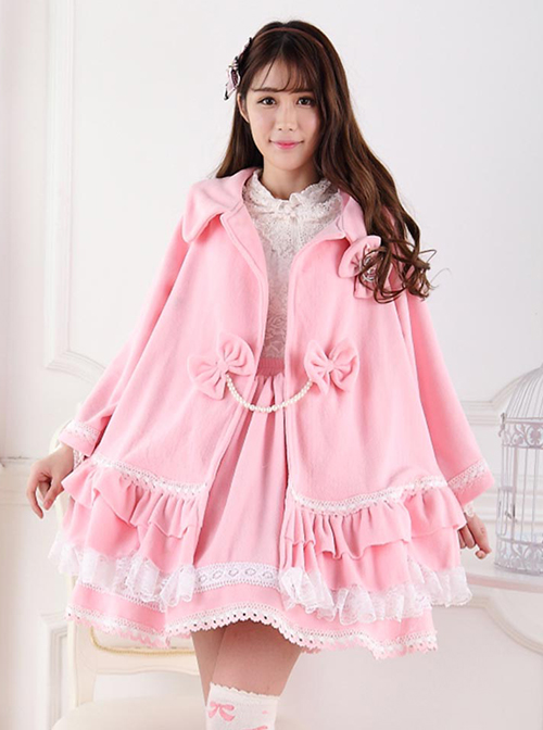 Pink Sweet Princess Short Pile Fabric Pleated Lace Trim Doll Neckline Bow Knots Decoration Classic Lolita Coat