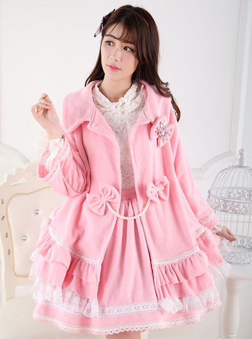 Pink Sweet Princess Short Pile Fabric Pleated Lace Trim Doll Neckline Bow Knots Decoration Classic Lolita Coat