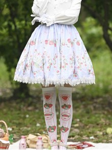 Japanese Style Soft And Cute Girl Pink Strawberry Print Decoration Lace Trim Classic Lolita Pleated Skirt
