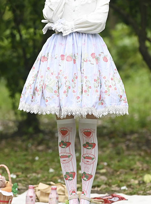 Japanese Style Soft And Cute Girl Pink Strawberry Print Decoration Lace Trim Classic Lolita Pleated Skirt