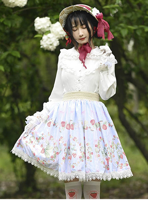 Japanese Style Soft And Cute Girl Pink Strawberry Print Decoration Lace Trim Classic Lolita Pleated Skirt