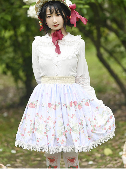 Japanese Style Soft And Cute Girl Pink Strawberry Print Decoration Lace Trim Classic Lolita Pleated Skirt