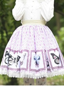 Purple Daily Cute And Sweet Butterfly Print Decoration Lace Trim Classic Lolita Pleated Skirt