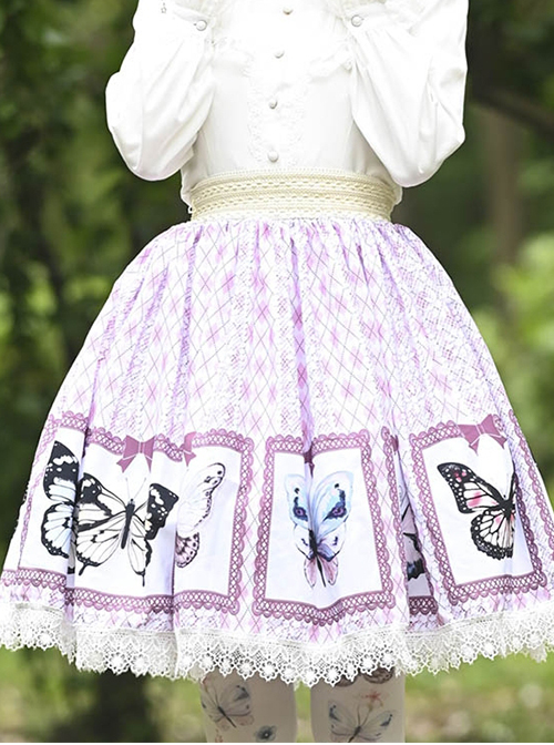 Purple Daily Cute And Sweet Butterfly Print Decoration Lace Trim Classic Lolita Pleated Skirt