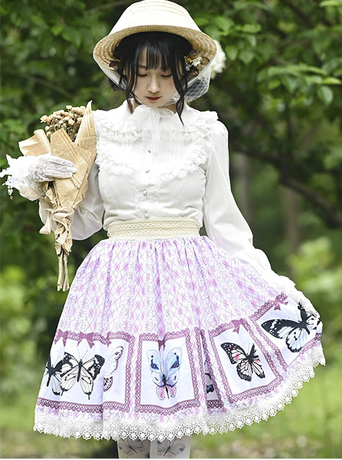 Purple Daily Cute And Sweet Butterfly Print Decoration Lace Trim Classic Lolita Pleated Skirt