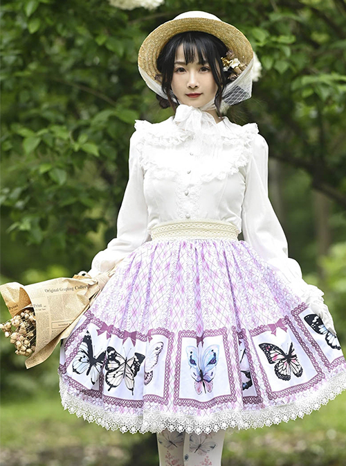 Purple Daily Cute And Sweet Butterfly Print Decoration Lace Trim Classic Lolita Pleated Skirt