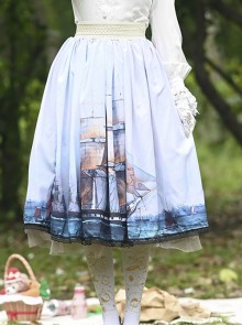 Temperament Fashion Sailboat Oil Painting Printing Decoration Lace Trim Classic Lolita Long Skirt