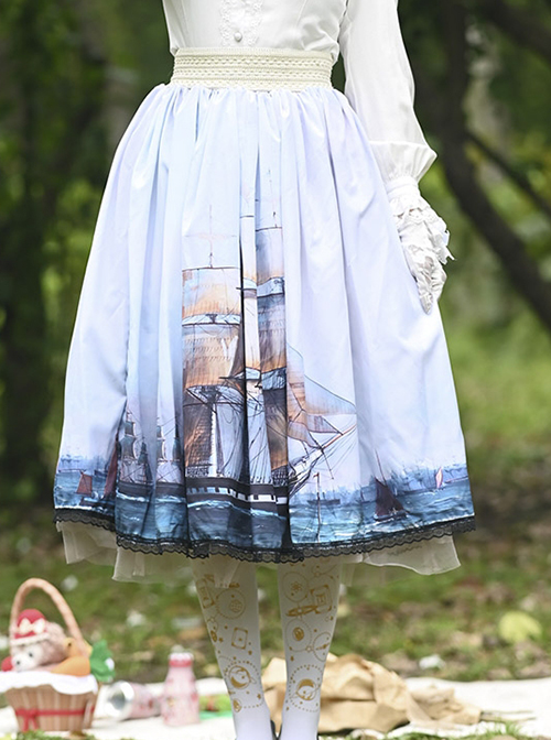 Temperament Fashion Sailboat Oil Painting Printing Decoration Lace Trim Classic Lolita Long Skirt