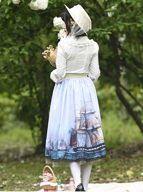 Temperament Fashion Sailboat Oil Painting Printing Decoration Lace Trim Classic Lolita Long Skirt