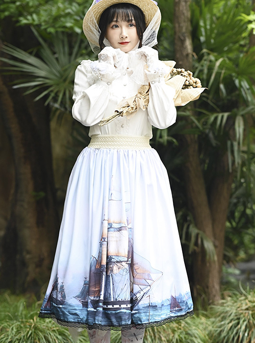 Temperament Fashion Sailboat Oil Painting Printing Decoration Lace Trim Classic Lolita Long Skirt