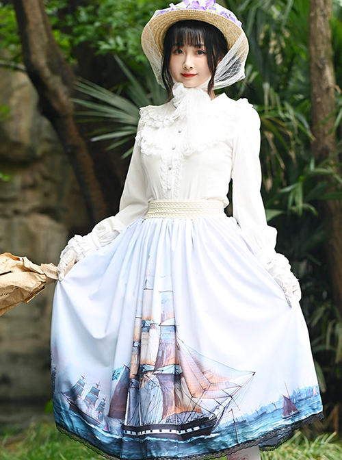 Temperament Fashion Sailboat Oil Painting Printing Decoration Lace Trim Classic Lolita Long Skirt