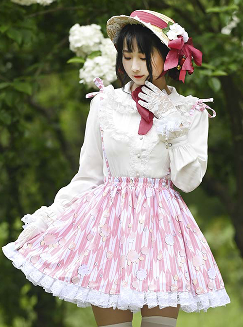 Japanese Style Soft Cute Floral Print Irregular Shape Pattern Design Pink Lady Classic Lolita Skirt 