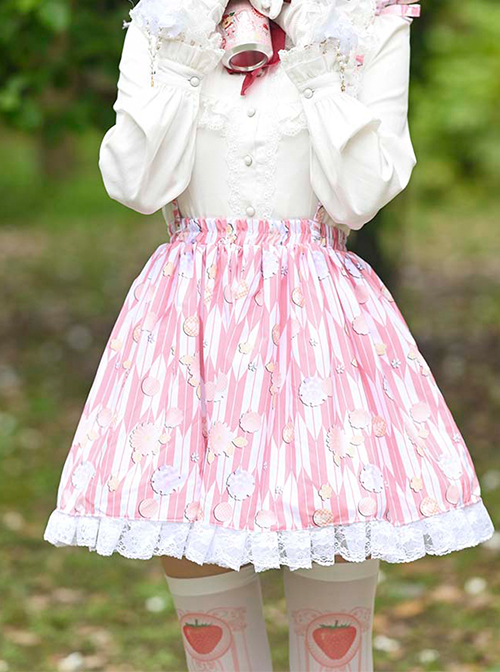 Japanese Style Soft Cute Floral Print Irregular Shape Pattern Design Pink Lady Classic Lolita Skirt 