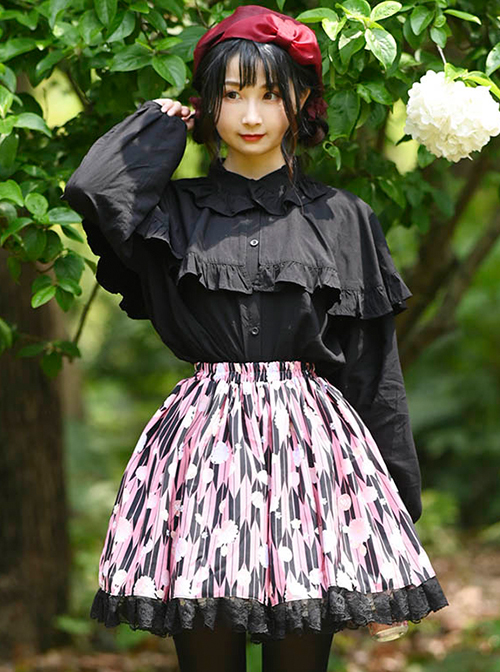 Black Pink Japanese Style Soft Cute Floral Print Decoration Irregular Shape Pattern Design Lady Classic Lolita Skirt 