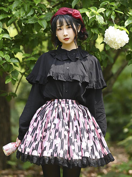 Black Pink Japanese Style Soft Cute Floral Print Decoration Irregular Shape Pattern Design Lady Classic Lolita Skirt 