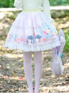 Sweet Japanese Style Delicate And Cute Graphic Print Chiffon Mesh Decoration Classic Lolita Pink Skirt