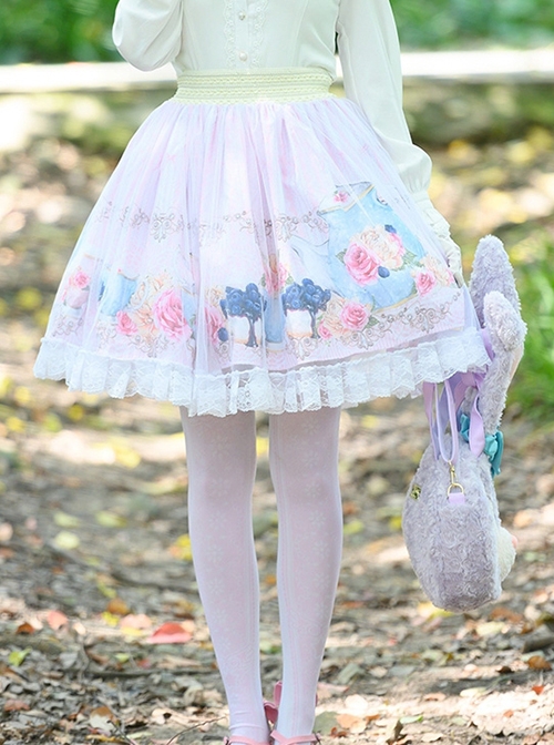 Sweet Japanese Style Delicate And Cute Graphic Print Chiffon Mesh Decoration Classic Lolita Pink Skirt