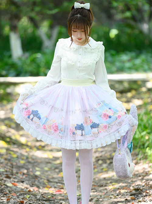 Sweet Japanese Style Delicate And Cute Graphic Print Chiffon Mesh Decoration Classic Lolita Pink Skirt