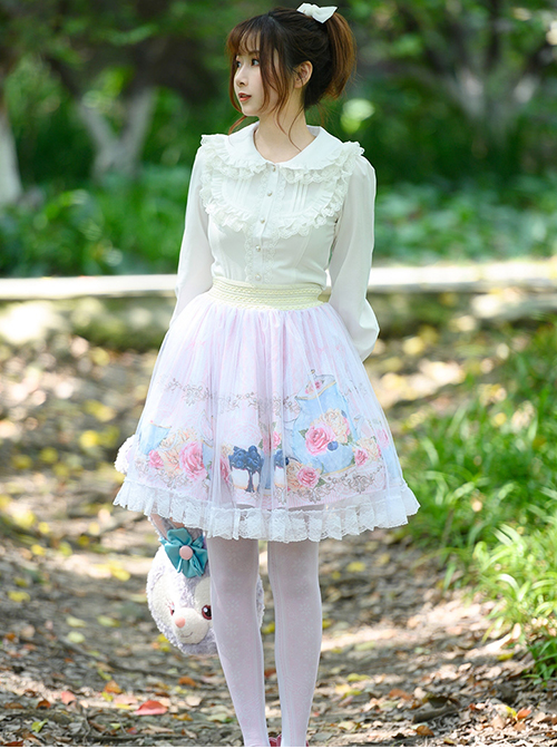 Sweet Japanese Style Delicate And Cute Graphic Print Chiffon Mesh Decoration Classic Lolita Pink Skirt