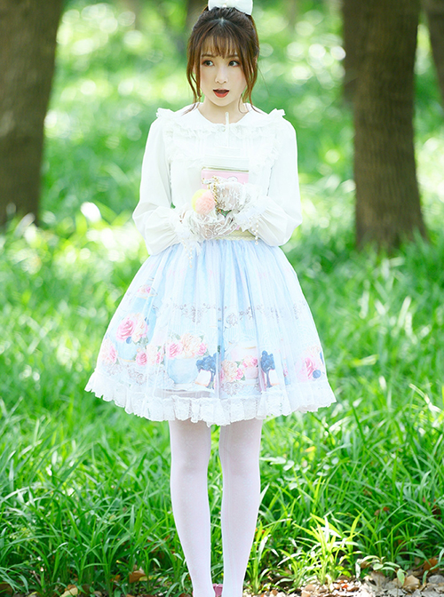 Blue Sweet Japanese Style Delicate And Cute Graphic Print Chiffon Mesh Decoration Classic Lolita Skirt
