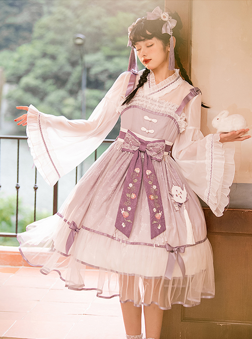 Moon Rabbit Tea Shop Series Chinese Style Improved Hanfu Pleated Lace Trim Loose Cuffs Classic Lolita Inner Blouse