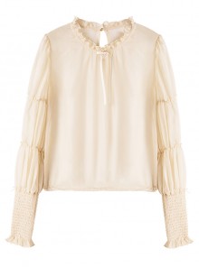 August Night Series Apricot Chiffon Long Sleeves Pleated Adjustable Elastic Crinkle Lace Crew Neck Classic Lolita Blouse