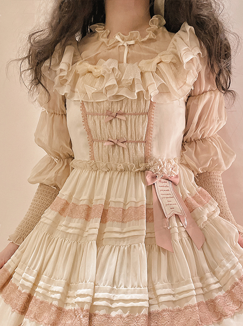 August Night Series Apricot Chiffon Long Sleeves Pleated Adjustable Elastic Crinkle Lace Crew Neck Classic Lolita Blouse