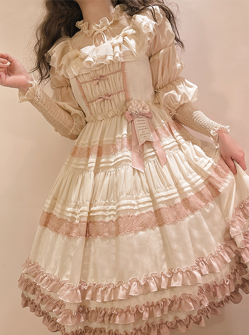 August Night Series Apricot Chiffon Long Sleeves Pleated Adjustable Elastic Crinkle Lace Crew Neck Classic Lolita Blouse