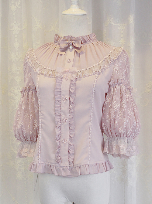Budapest Gift Series Pure Color Simple Flower Jacquard Decoration Classic Lolita Vintage Lace Pleated Shirt