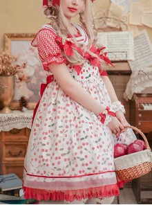 Ice Cherry Series Cherry Floral Print Pleated Mesh Personalized Square Neckline Bow Knots Classic Lolita Dress JSK Shirt Set