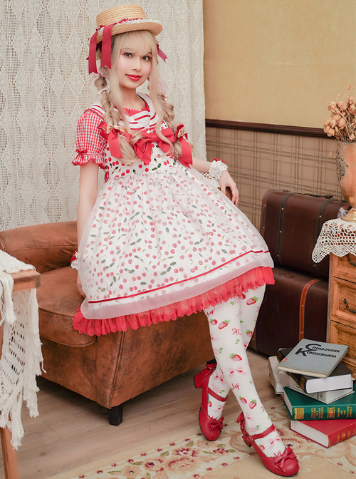 Ice Cherry Series Cherry Floral Print Pleated Mesh Personalized Square Neckline Bow Knots Classic Lolita Dress JSK Shirt Set