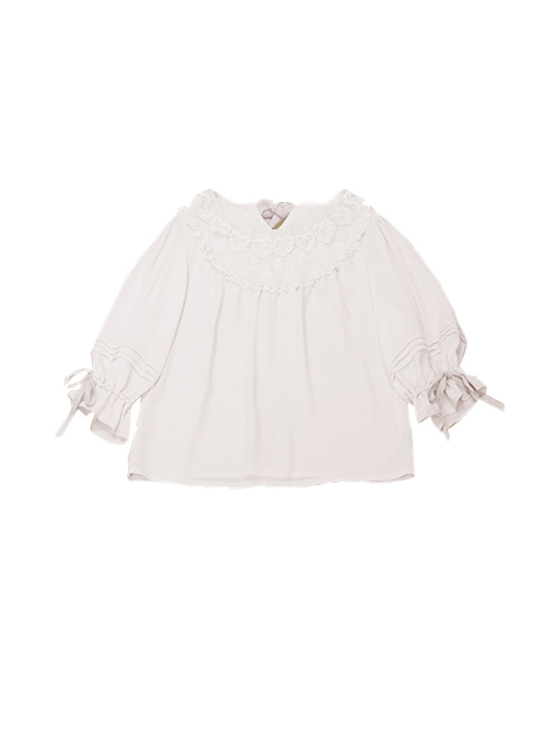 Miss Cat Series Solid Color  Pleated Heart Shape Lace Pleated Lace Neckline Trim Classic Lolita White Shirt