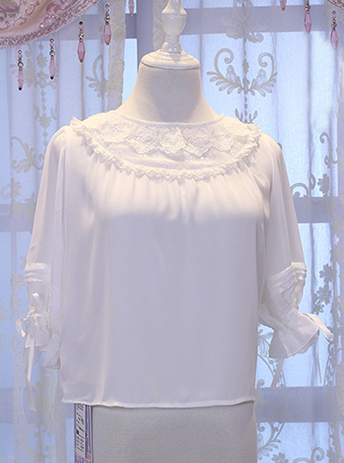 Miss Cat Series Solid Color  Pleated Heart Shape Lace Pleated Lace Neckline Trim Classic Lolita White Shirt