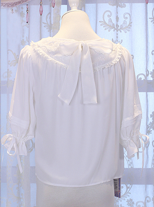 Miss Cat Series Solid Color  Pleated Heart Shape Lace Pleated Lace Neckline Trim Classic Lolita White Shirt