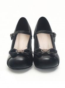 Solid Color Round Head Design Metal Hollow Heart Shape Bow Knot Classic Lolita Simple Medium Heel Shoes