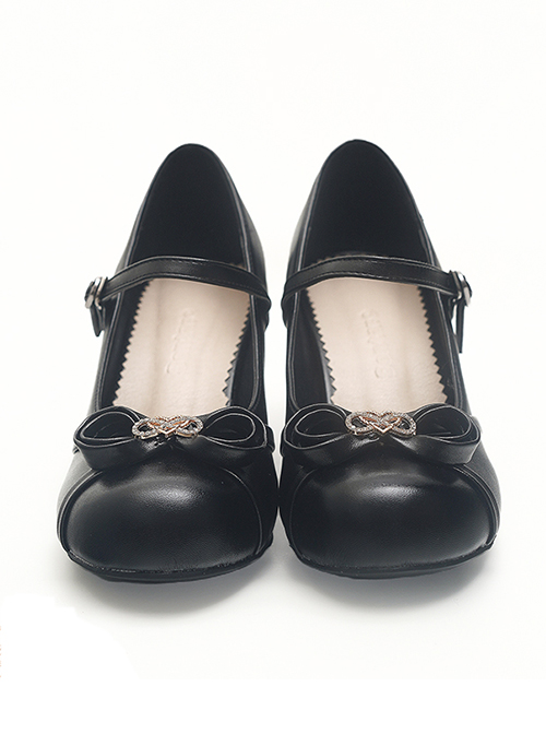 Solid Color Round Head Design Metal Hollow Heart Shape Bow Knot Classic Lolita Simple Medium Heel Shoes