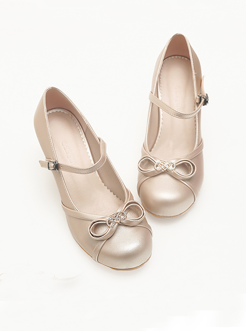 Solid Color Round Head Design Metal Hollow Heart Shape Bow Knot Classic Lolita Simple Medium Heel Shoes