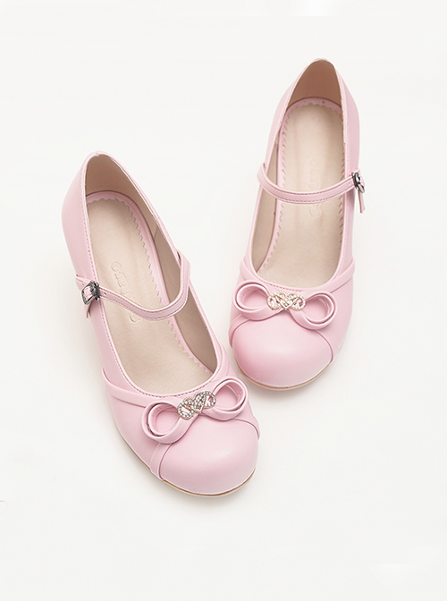 Solid Color Round Head Design Metal Hollow Heart Shape Bow Knot Classic Lolita Simple Medium Heel Shoes