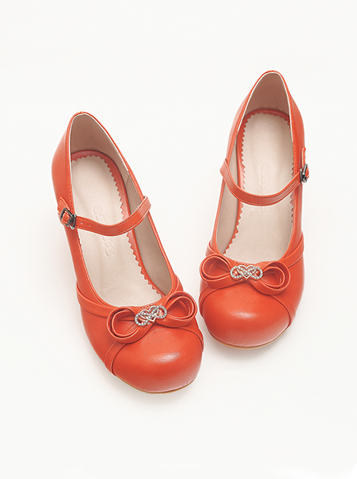 Solid Color Round Head Design Metal Hollow Heart Shape Bow Knot Classic Lolita Simple Medium Heel Shoes